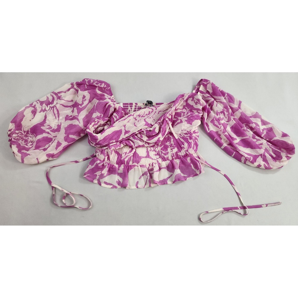 Express Blouse Top Womens S Small Purple White Floral 970937 Balloon Sleeve